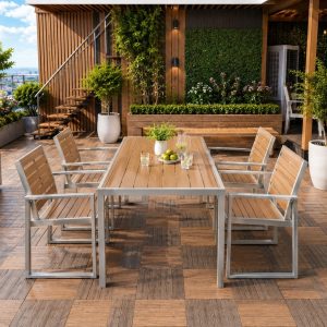 Bộ bàn 4 ghế đơn gỗ nhựa sân vườn SW-L005
